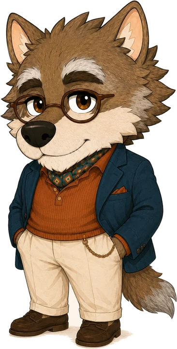 Arturo, a tawny wolf in a blazer and round glasses, smiling