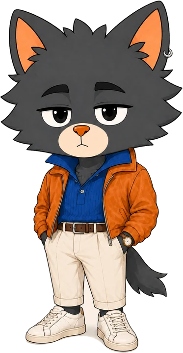 Nico, a charcoal cat in an orange jacket, hands in pockets